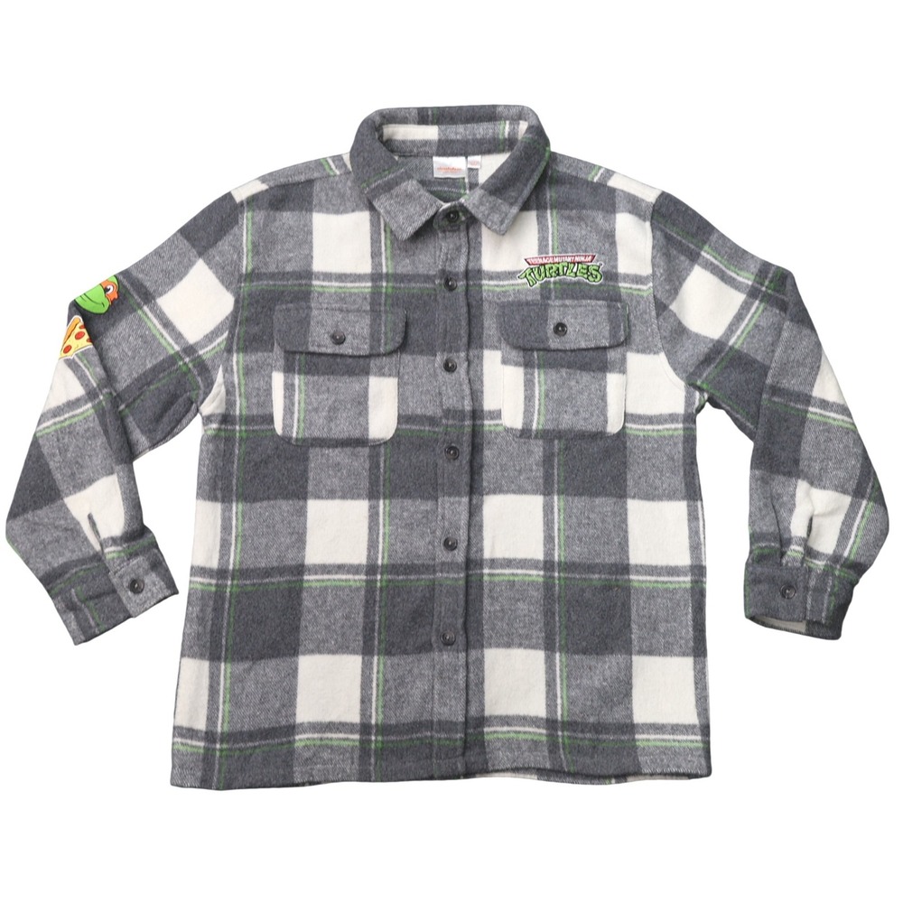 Nickelodeon TMNT Flannel Shirt Boys L 10/12 Grey Plaid Wool Blend Logo Patches